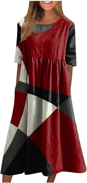 FlekmanArt Dresses for Women 2024 Round Neck Pocket Long Dresses Pleated Printed Dresses Short Sleeve Casual Beach Dress