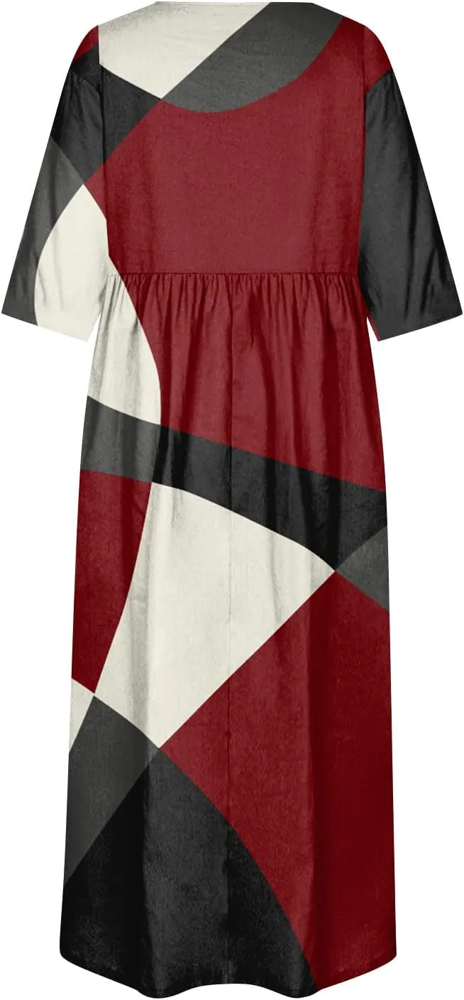 FlekmanArt Dresses for Women 2024 Round Neck Pocket Long Dresses Pleated Printed Dresses Short Sleeve Casual Beach Dress