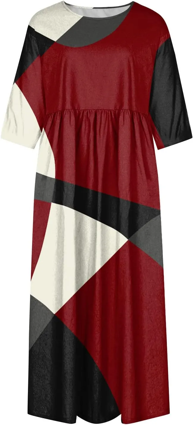 FlekmanArt Dresses for Women 2024 Round Neck Pocket Long Dresses Pleated Printed Dresses Short Sleeve Casual Beach Dress