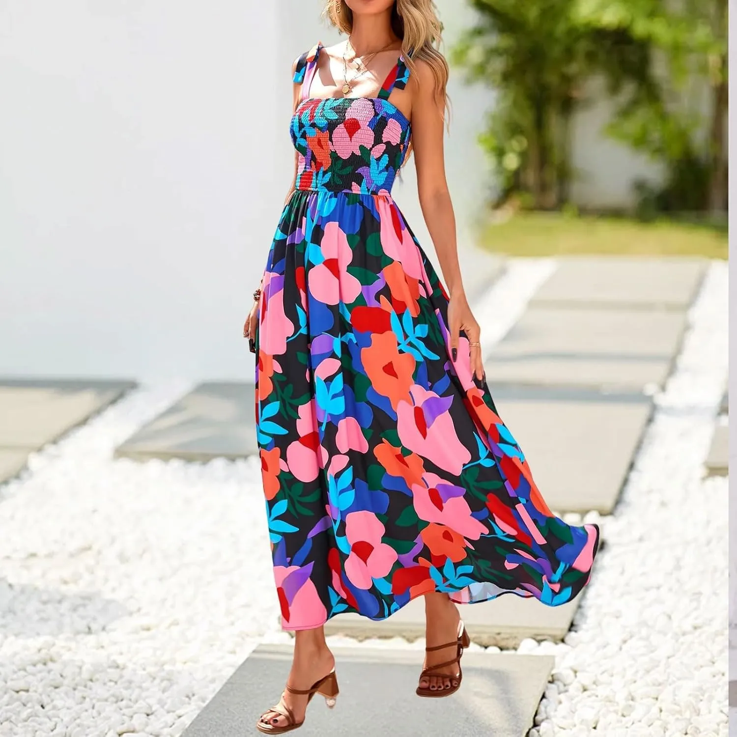 Floral Dress for Women Summer Casual Flowy Smocked Empire Waist Sleeveless Tie Beach A Line Maxi Dresses with Pockets