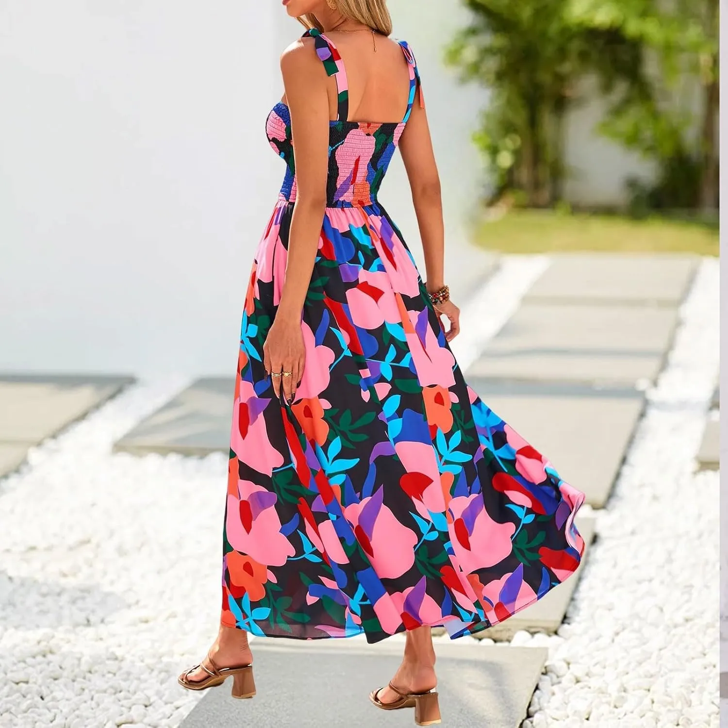 Floral Dress for Women Summer Casual Flowy Smocked Empire Waist Sleeveless Tie Beach A Line Maxi Dresses with Pockets