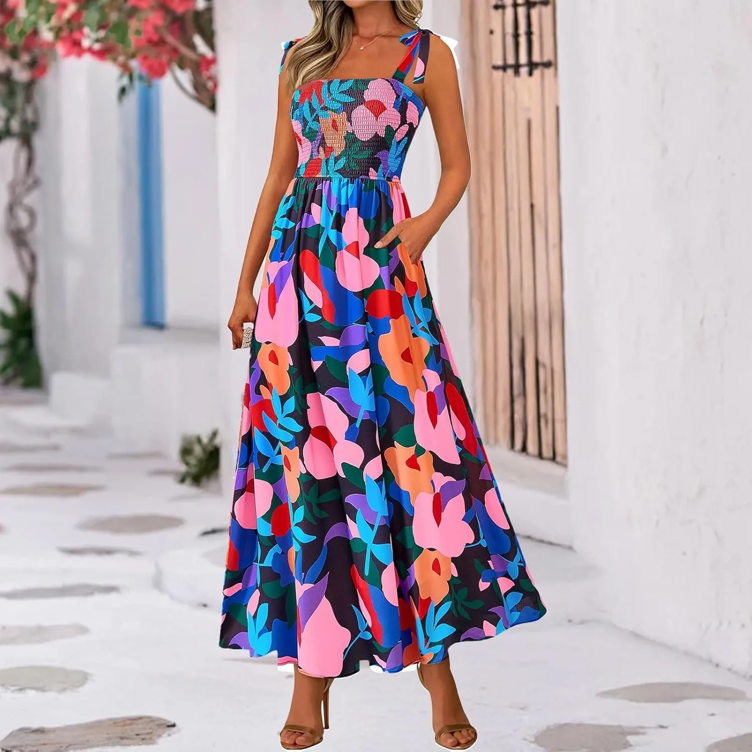 Floral Dress for Women Summer Casual Flowy Smocked Empire Waist Sleeveless Tie Beach A Line Maxi Dresses with Pockets