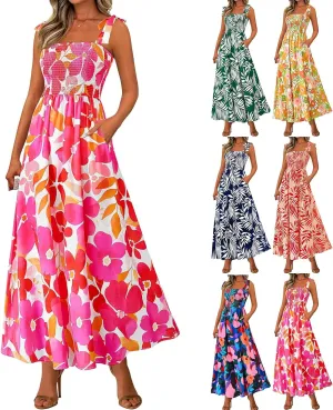Floral Dress for Women Summer Casual Flowy Smocked Empire Waist Sleeveless Tie Beach A Line Maxi Dresses with Pockets