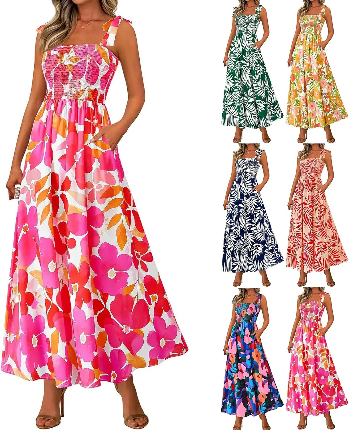 Floral Dress for Women Summer Casual Flowy Smocked Empire Waist Sleeveless Tie Beach A Line Maxi Dresses with Pockets