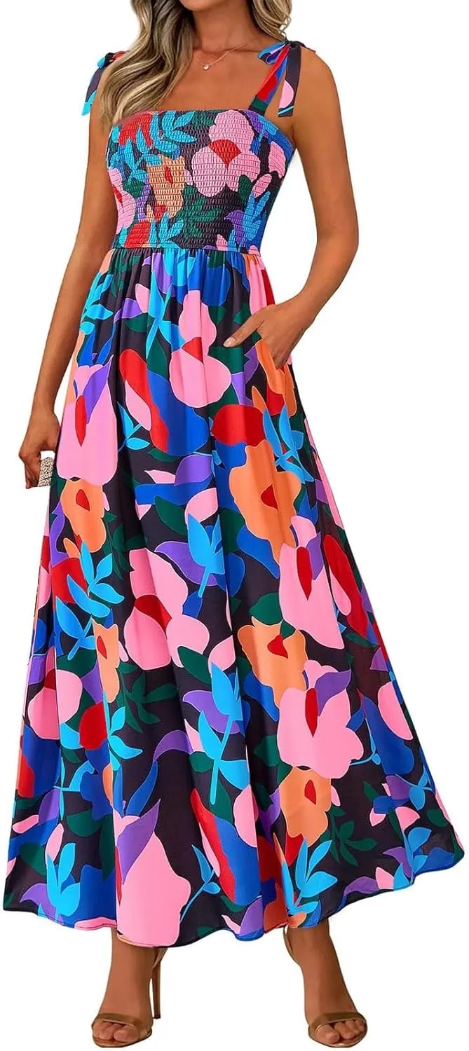 Floral Dress for Women Summer Casual Flowy Smocked Empire Waist Sleeveless Tie Beach A Line Maxi Dresses with Pockets