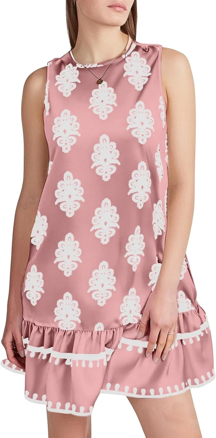 Floral Dress for Women Wedding Guest Crewneck Sleeveless Cute Summer Dresses Casual Mini Boho Ruffle Short Flowy Dress