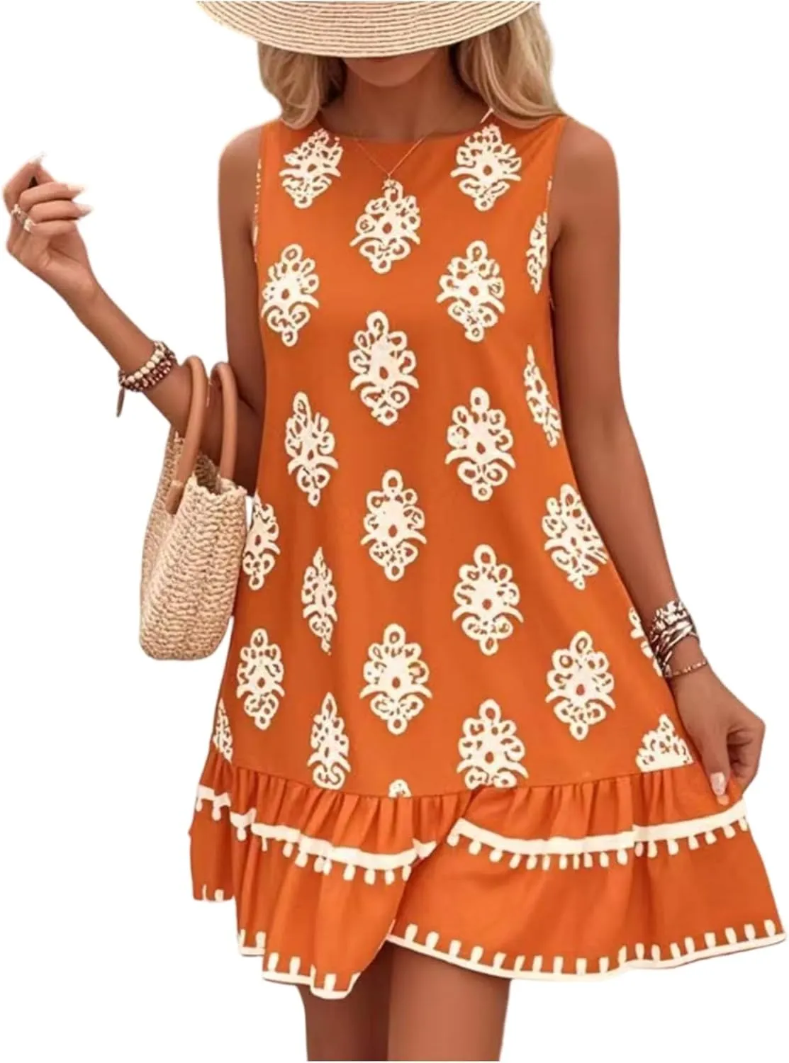 Floral Dress for Women Wedding Guest Crewneck Sleeveless Cute Summer Dresses Casual Mini Boho Ruffle Short Flowy Dress