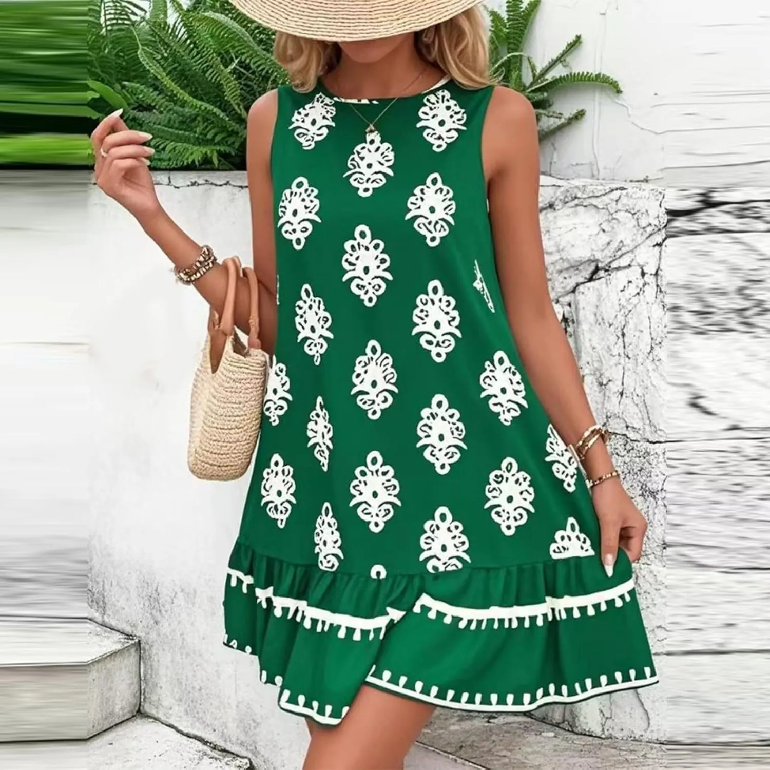 Floral Dress for Women Wedding Guest Crewneck Sleeveless Cute Summer Dresses Casual Mini Boho Ruffle Short Flowy Dress