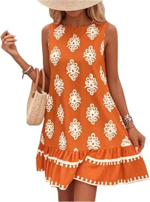 Floral Dress for Women Wedding Guest Crewneck Sleeveless Cute Summer Dresses Casual Mini Boho Ruffle Short Flowy Dress