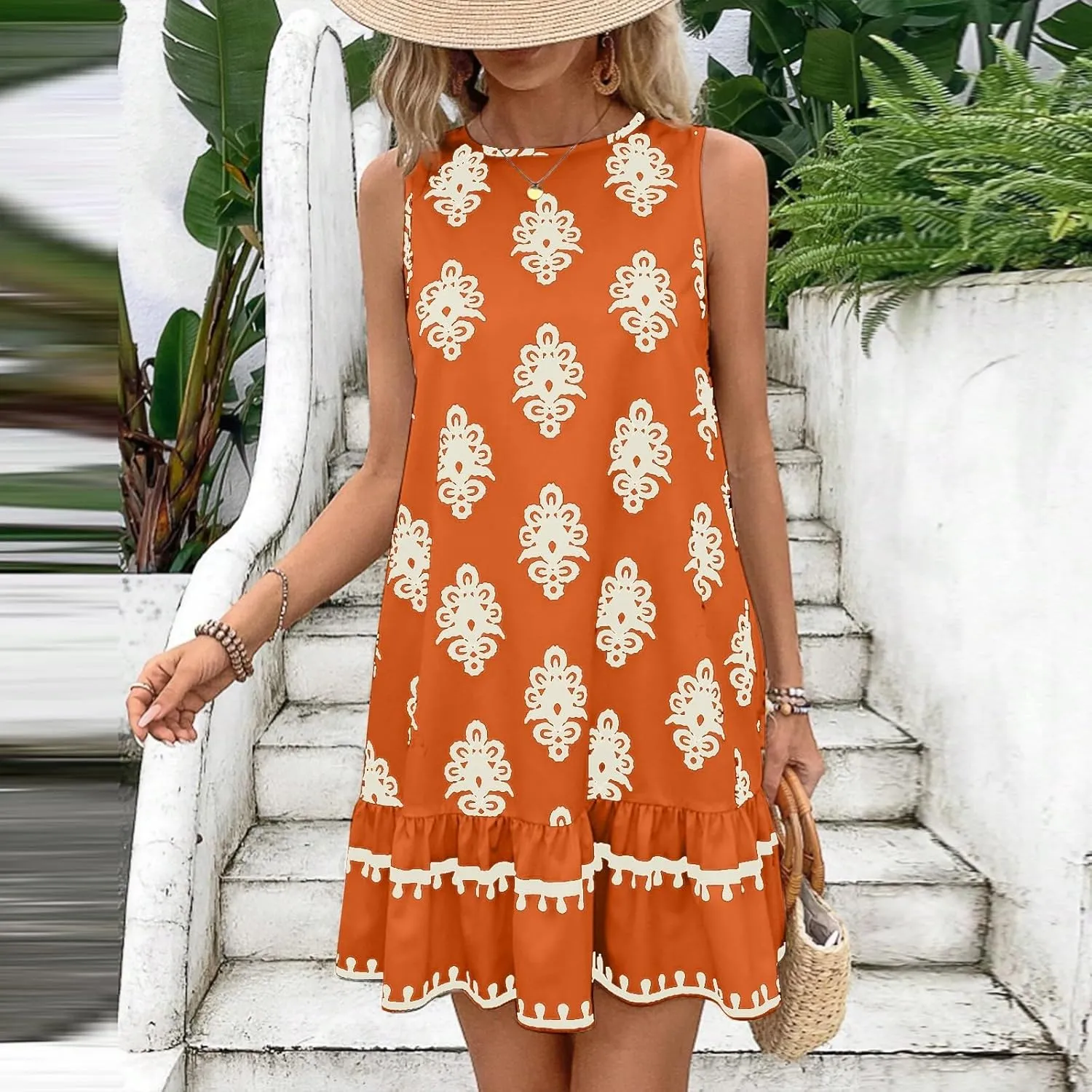 Floral Dress for Women Wedding Guest Crewneck Sleeveless Cute Summer Dresses Casual Mini Boho Ruffle Short Flowy Dress