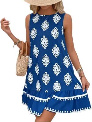 Floral Dress for Women Wedding Guest Crewneck Sleeveless Cute Summer Dresses Casual Mini Boho Ruffle Short Flowy Dress