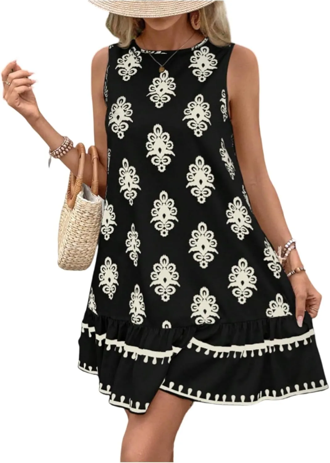 Floral Dress for Women Wedding Guest Crewneck Sleeveless Cute Summer Dresses Casual Mini Boho Ruffle Short Flowy Dress