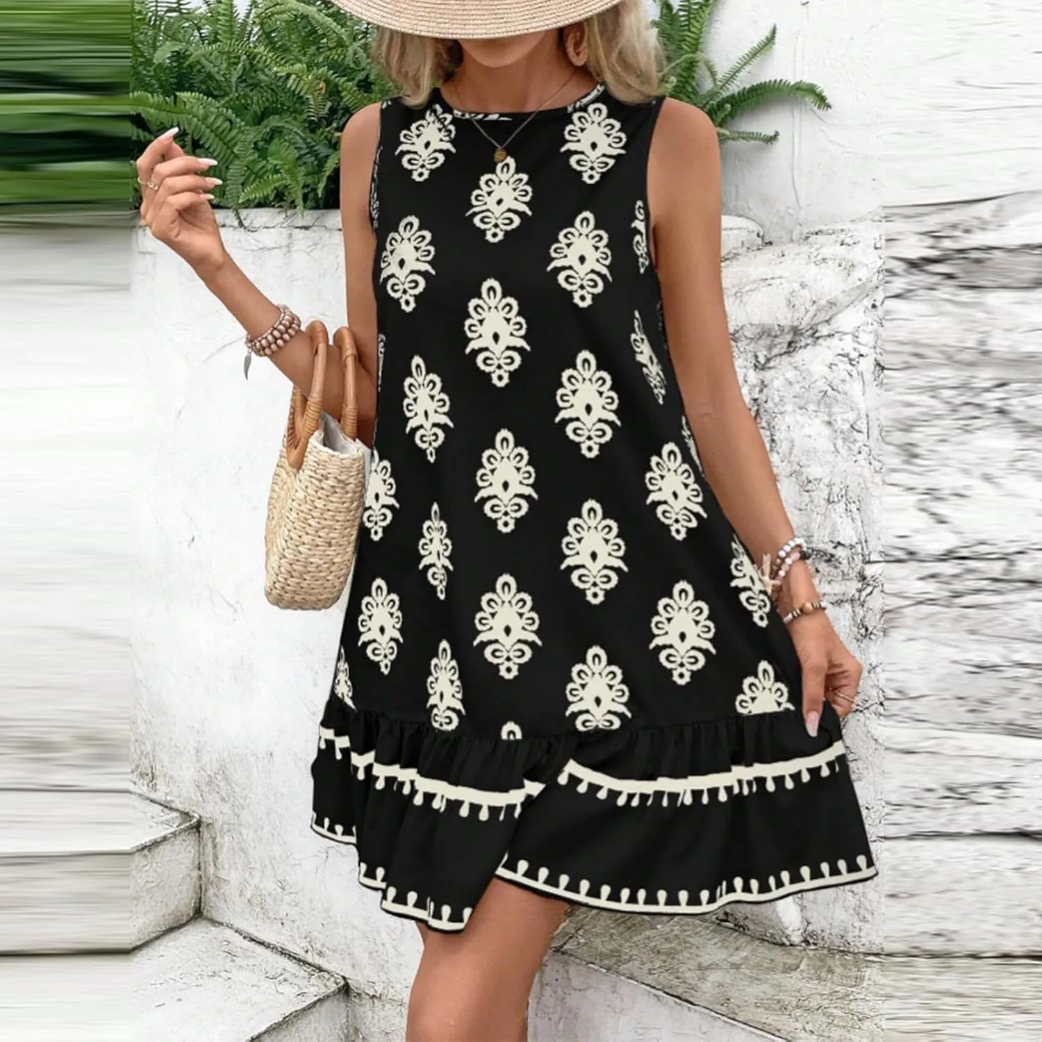 Floral Dress for Women Wedding Guest Crewneck Sleeveless Cute Summer Dresses Casual Mini Boho Ruffle Short Flowy Dress