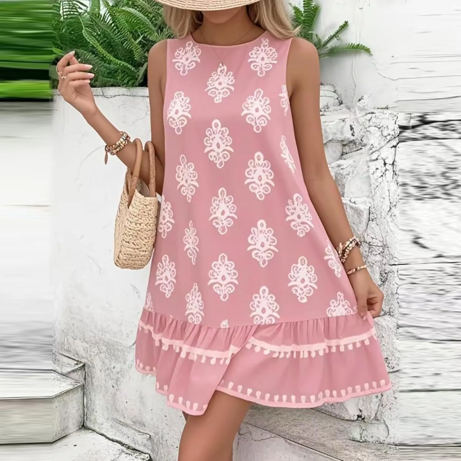 Floral Dress for Women Wedding Guest Crewneck Sleeveless Cute Summer Dresses Casual Mini Boho Ruffle Short Flowy Dress
