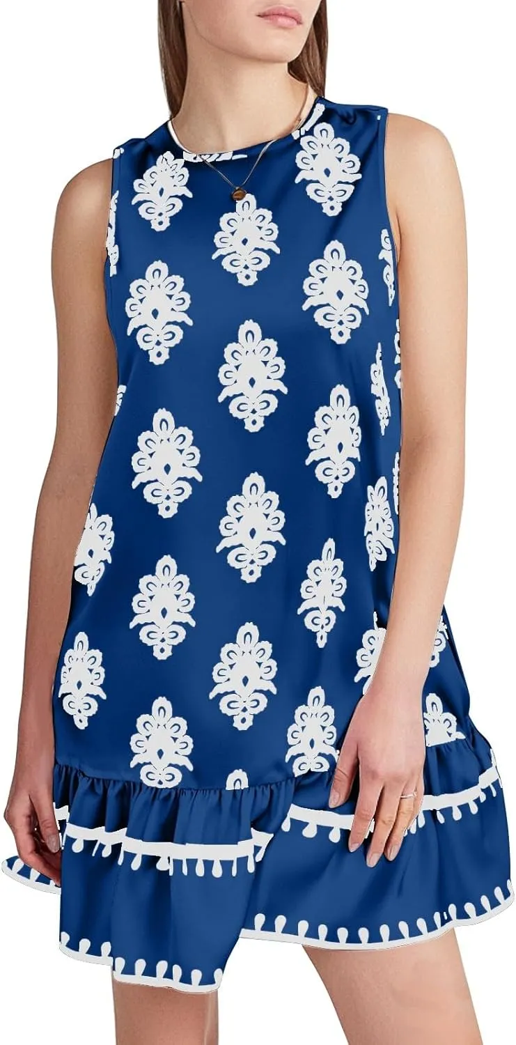 Floral Dress for Women Wedding Guest Crewneck Sleeveless Cute Summer Dresses Casual Mini Boho Ruffle Short Flowy Dress