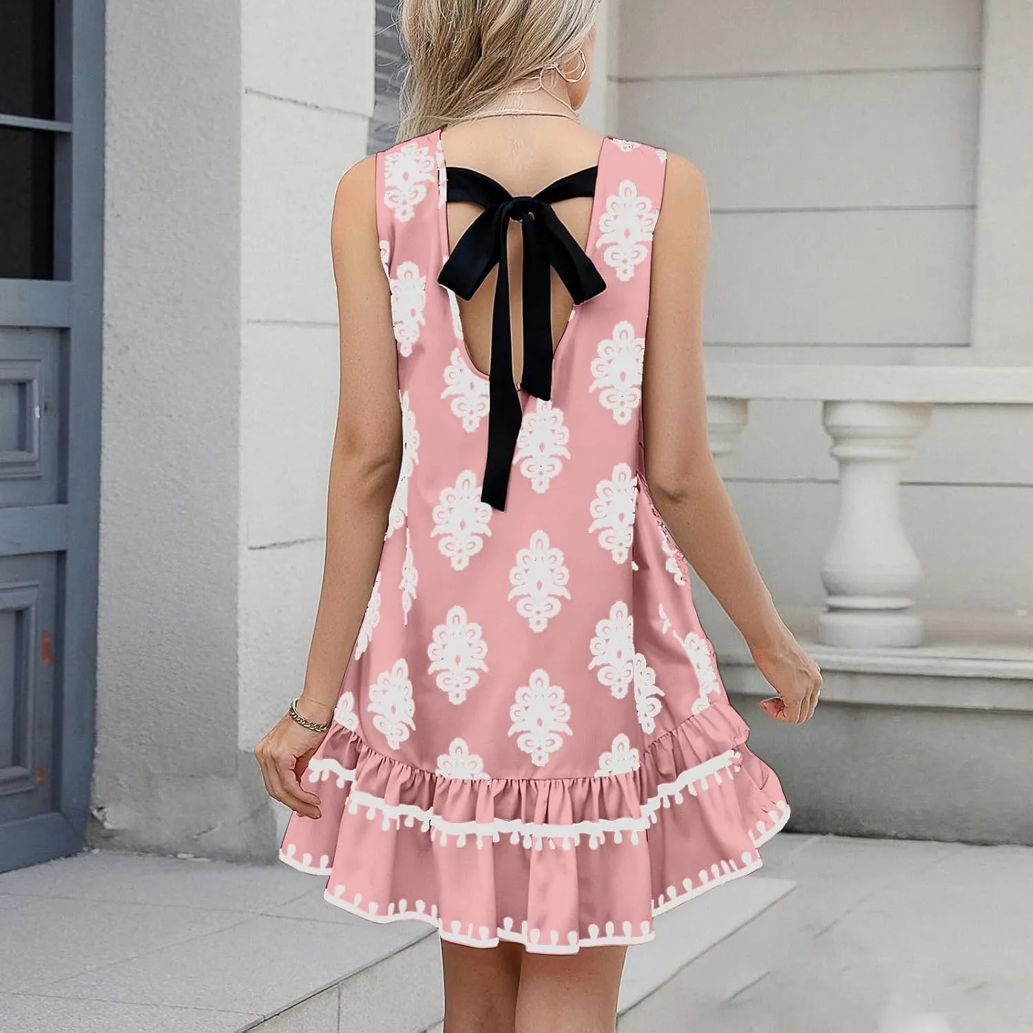 Floral Dress for Women Wedding Guest Crewneck Sleeveless Cute Summer Dresses Casual Mini Boho Ruffle Short Flowy Dress