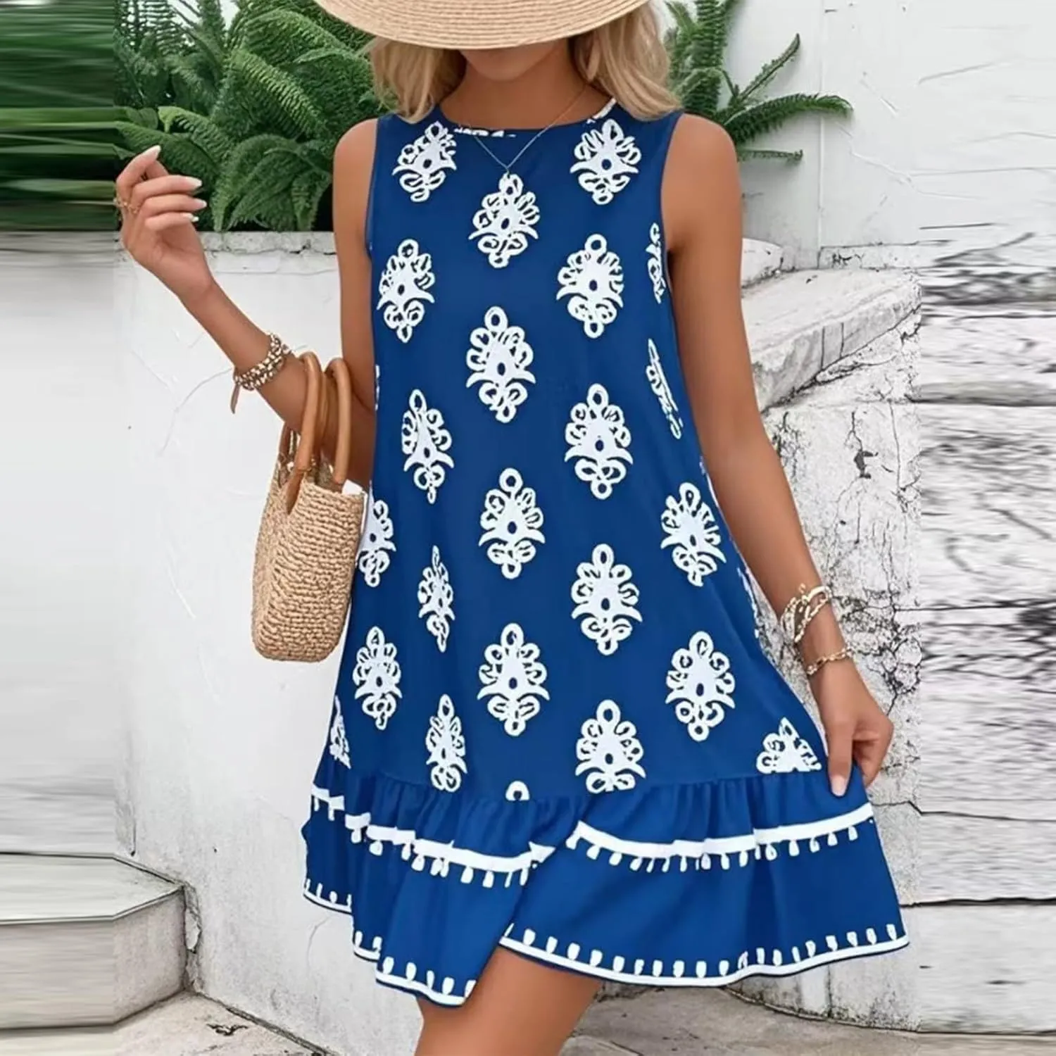 Floral Dress for Women Wedding Guest Crewneck Sleeveless Cute Summer Dresses Casual Mini Boho Ruffle Short Flowy Dress