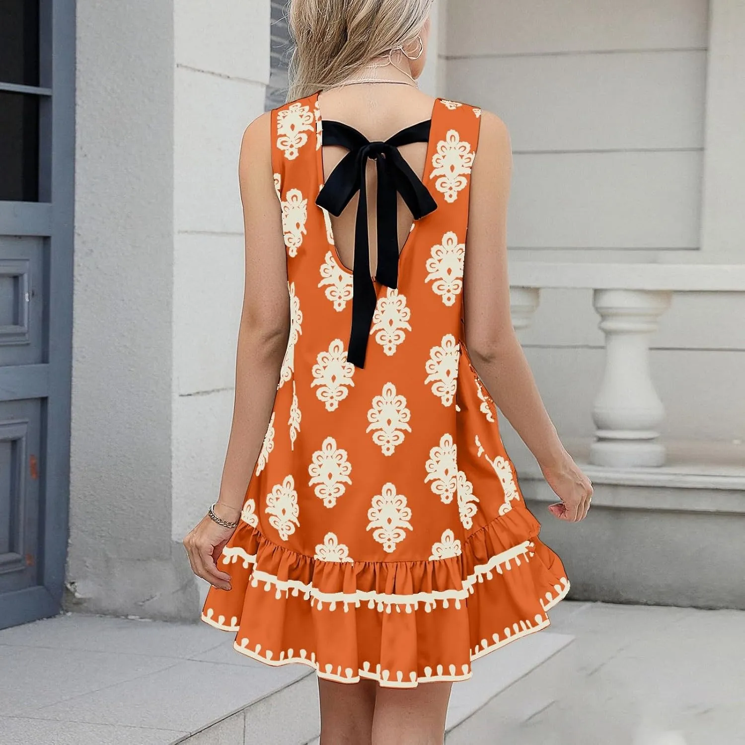 Floral Dress for Women Wedding Guest Crewneck Sleeveless Cute Summer Dresses Casual Mini Boho Ruffle Short Flowy Dress