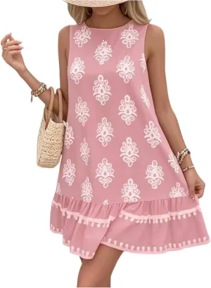 Floral Dress for Women Wedding Guest Crewneck Sleeveless Cute Summer Dresses Casual Mini Boho Ruffle Short Flowy Dress