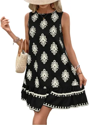 Floral Dress for Women Wedding Guest Crewneck Sleeveless Cute Summer Dresses Casual Mini Boho Ruffle Short Flowy Dress