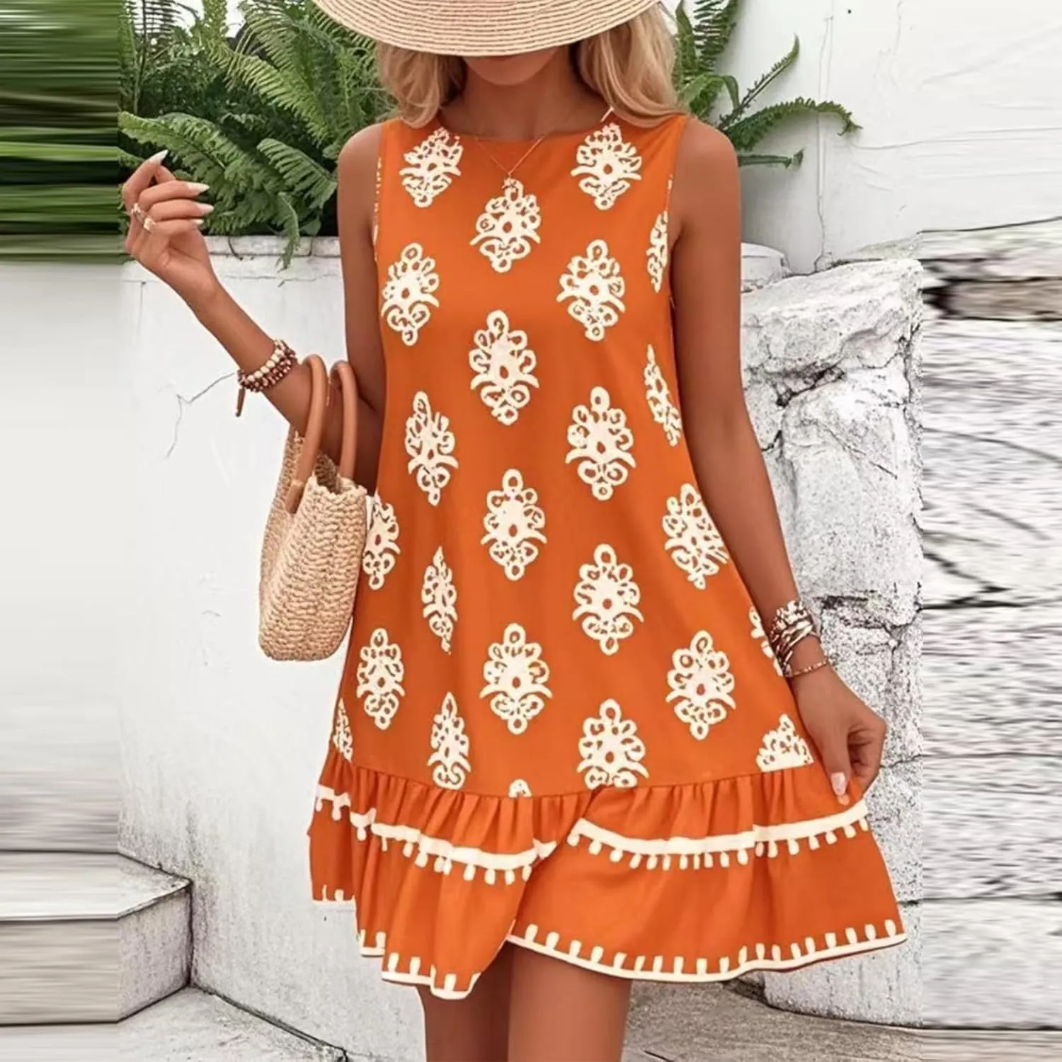Floral Dress for Women Wedding Guest Crewneck Sleeveless Cute Summer Dresses Casual Mini Boho Ruffle Short Flowy Dress