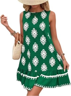 Floral Dress for Women Wedding Guest Crewneck Sleeveless Cute Summer Dresses Casual Mini Boho Ruffle Short Flowy Dress