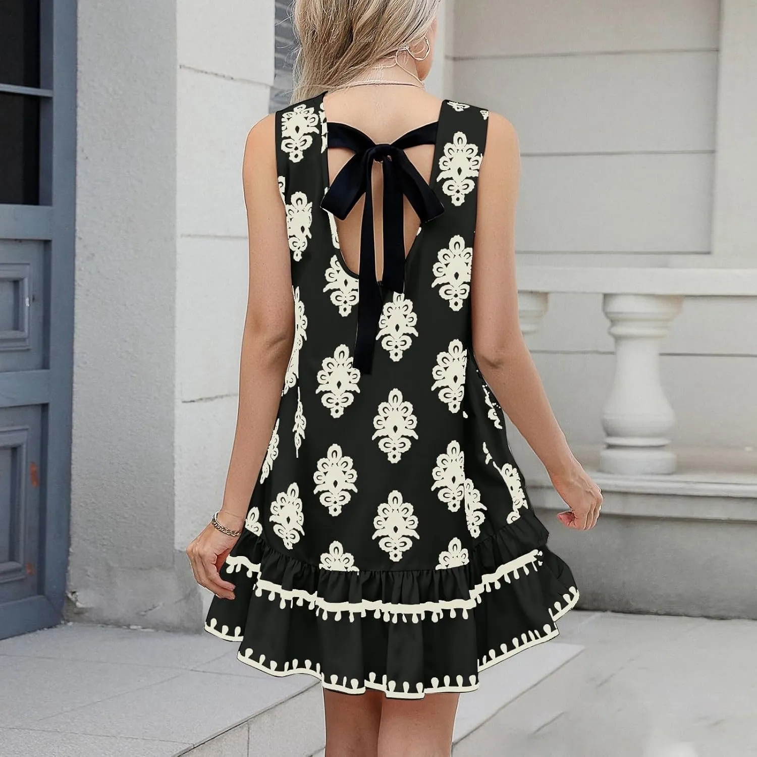 Floral Dress for Women Wedding Guest Crewneck Sleeveless Cute Summer Dresses Casual Mini Boho Ruffle Short Flowy Dress