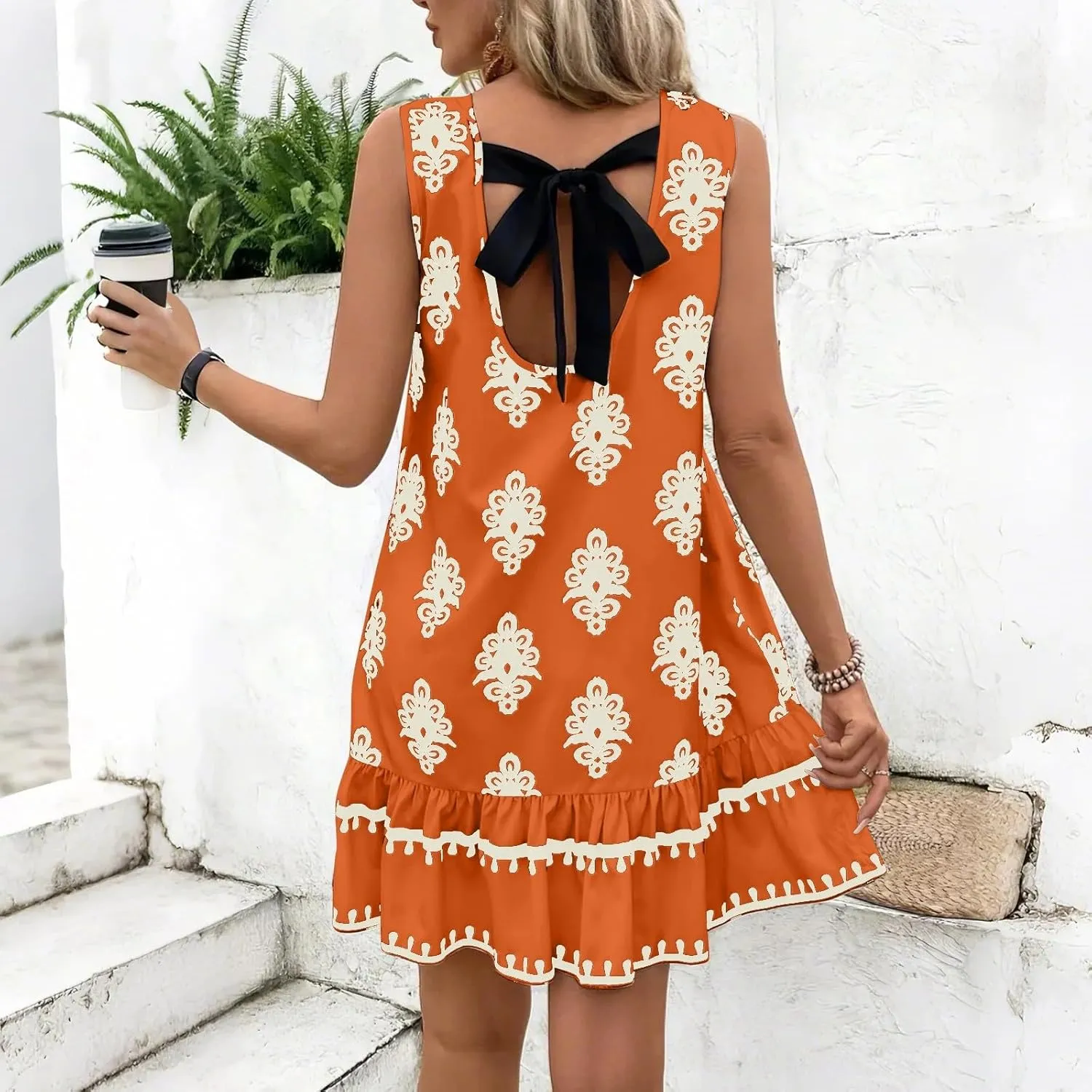 Floral Dress for Women Wedding Guest Crewneck Sleeveless Cute Summer Dresses Casual Mini Boho Ruffle Short Flowy Dress
