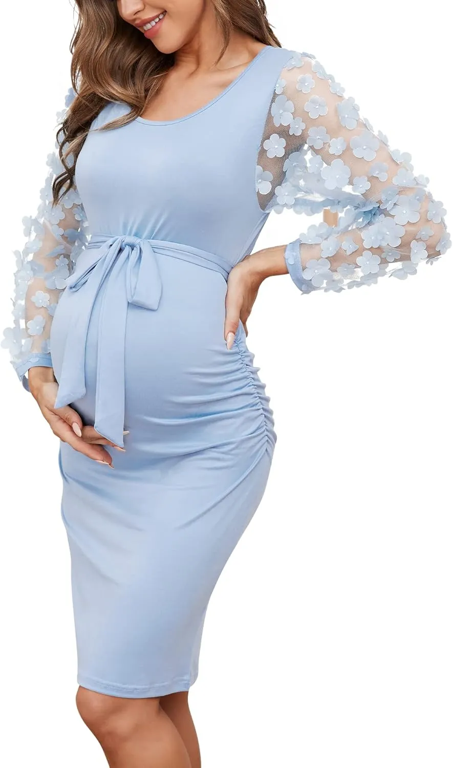Floral Mesh Bishop Long Sleeve Maternity Midi Dress, Fall Maternity Bodycon Dress for Baby Shower/Photoshoot