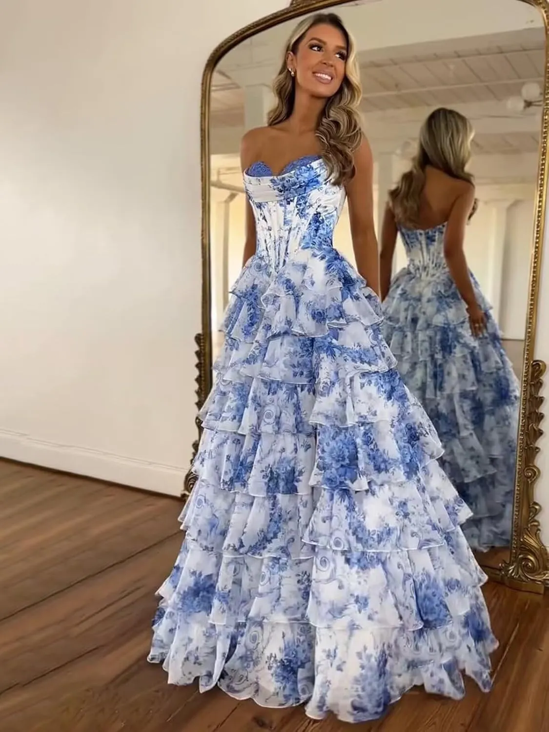 Floral Strapless Tiered Ruffle Prom Dresses for Women 2025 A Line Corset Long Formal Evening Ball Gowns with Slit