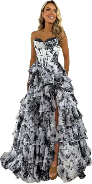 Floral Strapless Tiered Ruffle Prom Dresses for Women 2025 A Line Corset Long Formal Evening Ball Gowns with Slit