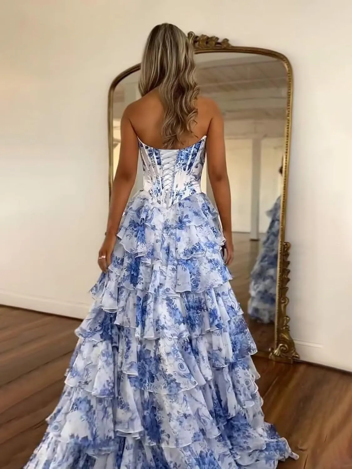 Floral Strapless Tiered Ruffle Prom Dresses for Women 2025 A Line Corset Long Formal Evening Ball Gowns with Slit