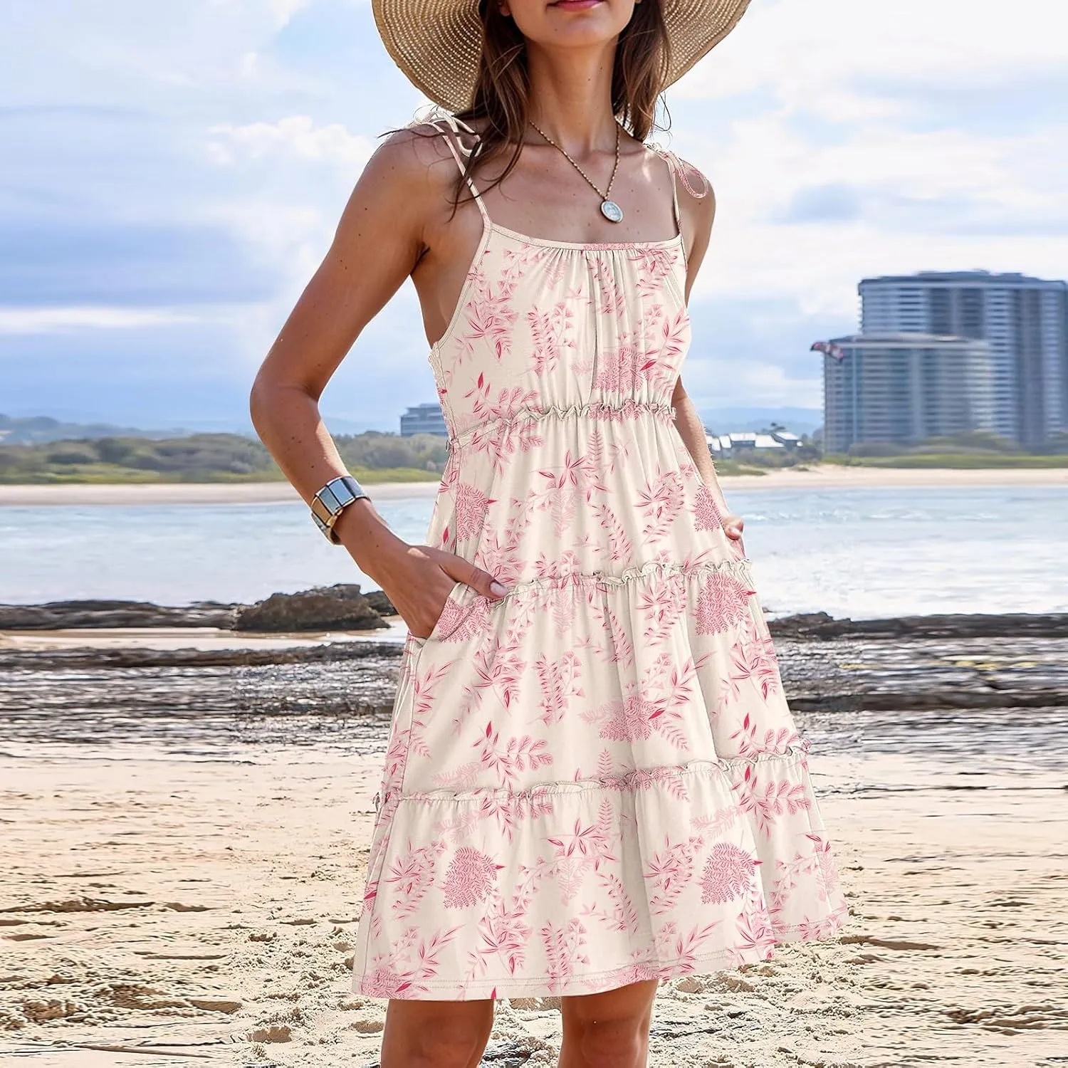 Floral Sun Dresses for Women 2025 Vacation Summer Open Back Skater Dress Flowy Tiered Ruffle Babydoll Mini Sundress