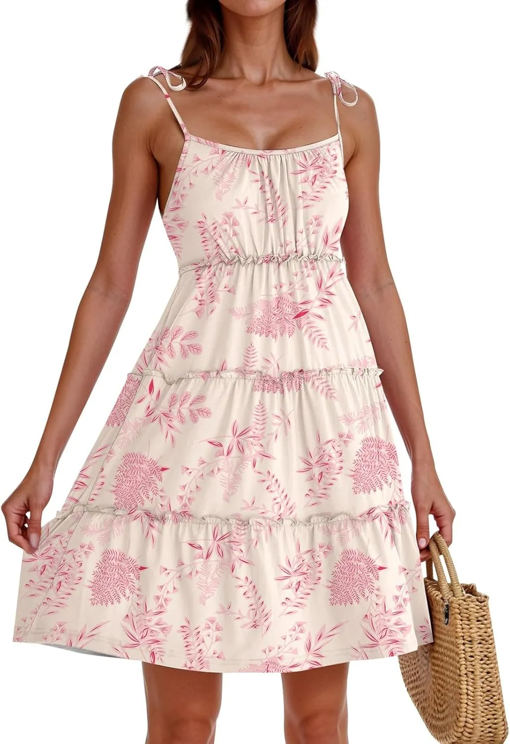Floral Sun Dresses for Women 2025 Vacation Summer Open Back Skater Dress Flowy Tiered Ruffle Babydoll Mini Sundress