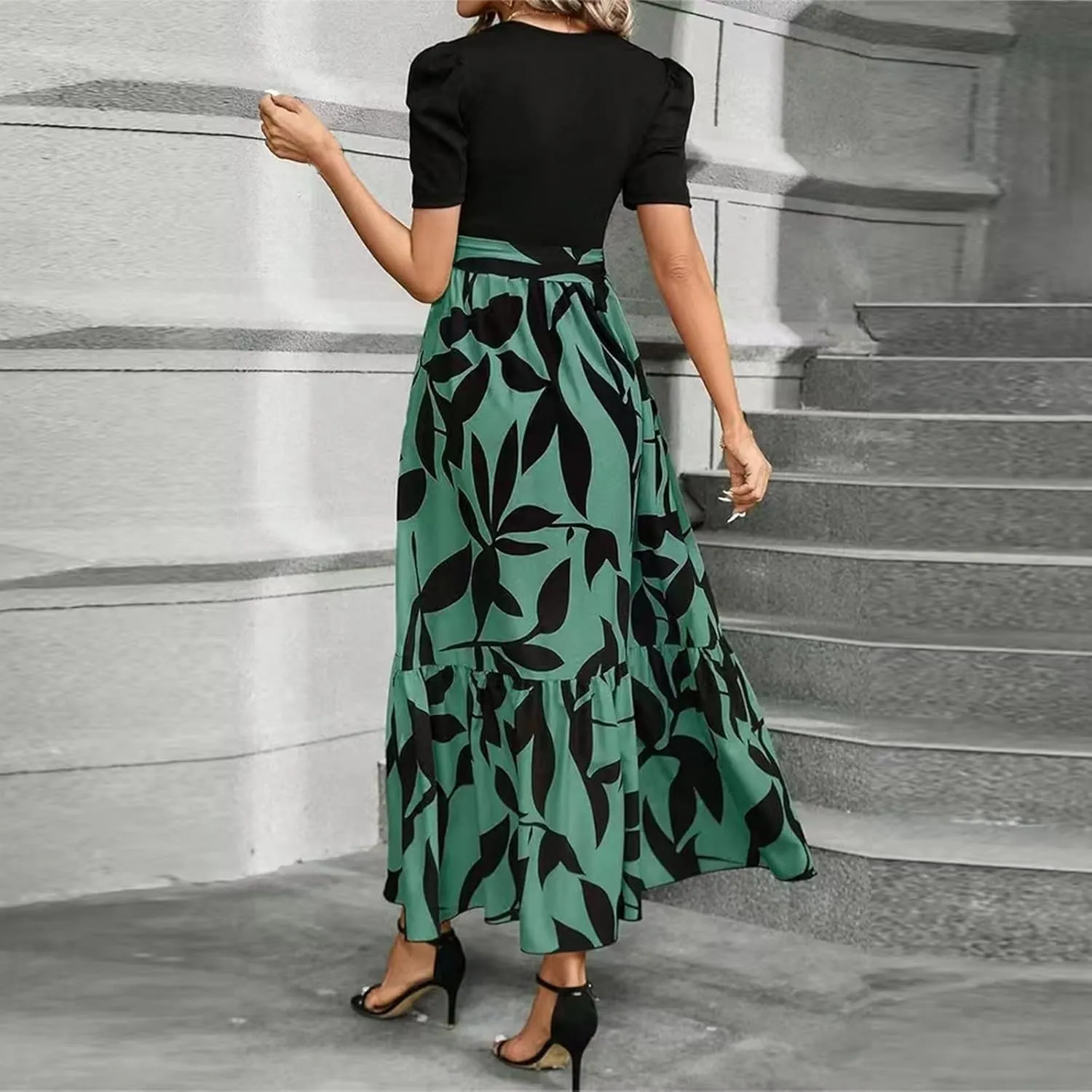 Floral Wedding Guest Dresses for Women Y2k Tie Puff Short Sleeve Maxi Dress Flowy Patchwork Ruffle Hem Modest Dresses