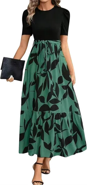 Floral Wedding Guest Dresses for Women Y2k Tie Puff Short Sleeve Maxi Dress Flowy Patchwork Ruffle Hem Modest Dresses
