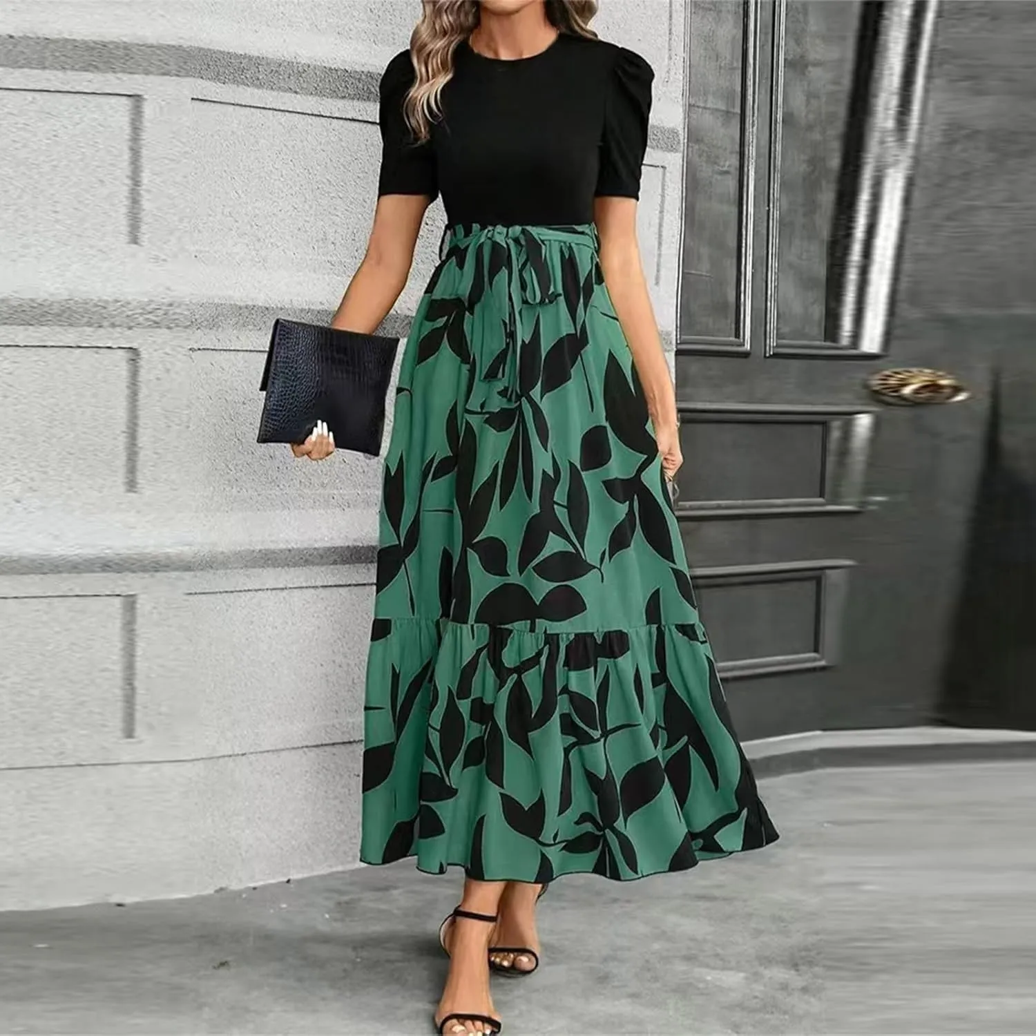 Floral Wedding Guest Dresses for Women Y2k Tie Puff Short Sleeve Maxi Dress Flowy Patchwork Ruffle Hem Modest Dresses