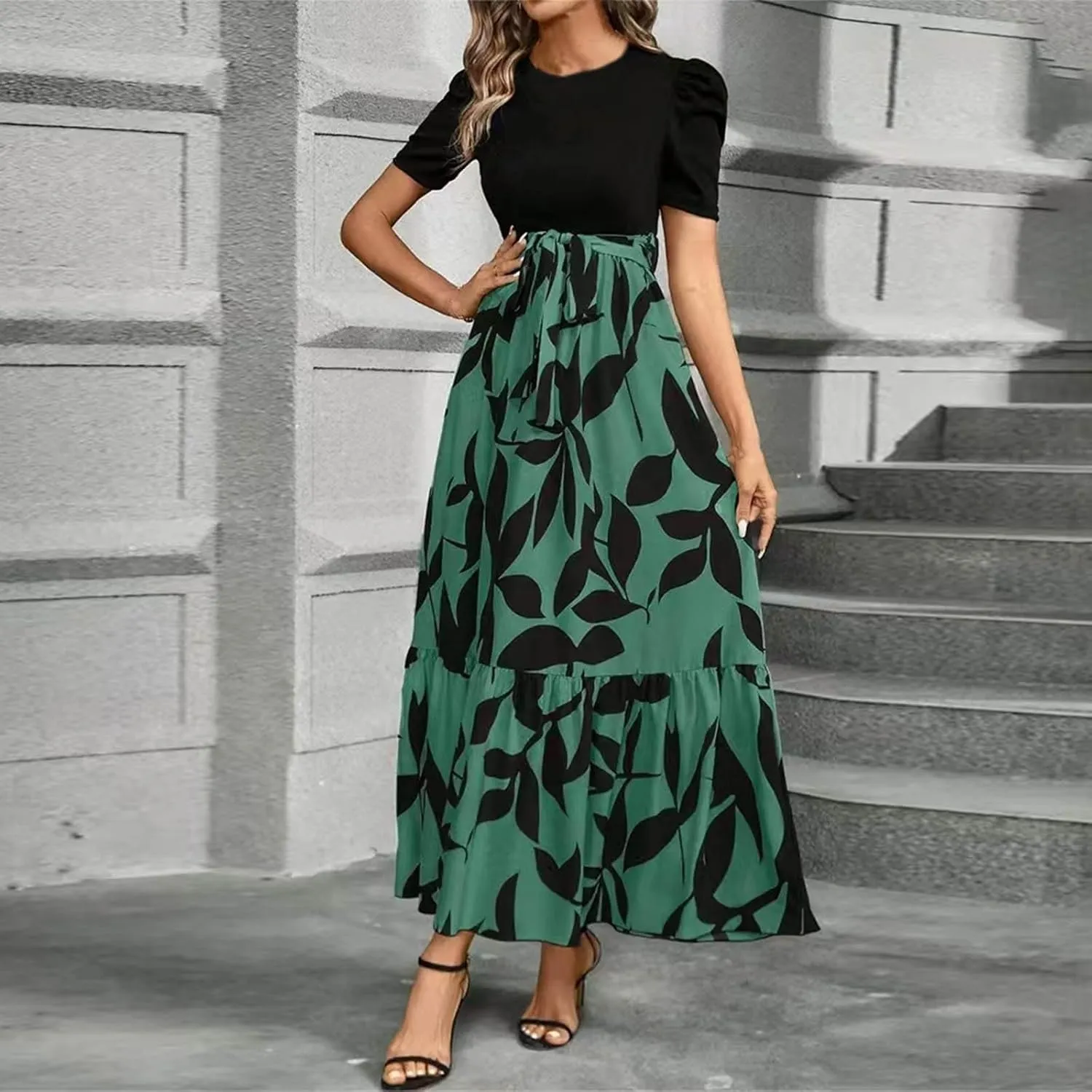 Floral Wedding Guest Dresses for Women Y2k Tie Puff Short Sleeve Maxi Dress Flowy Patchwork Ruffle Hem Modest Dresses