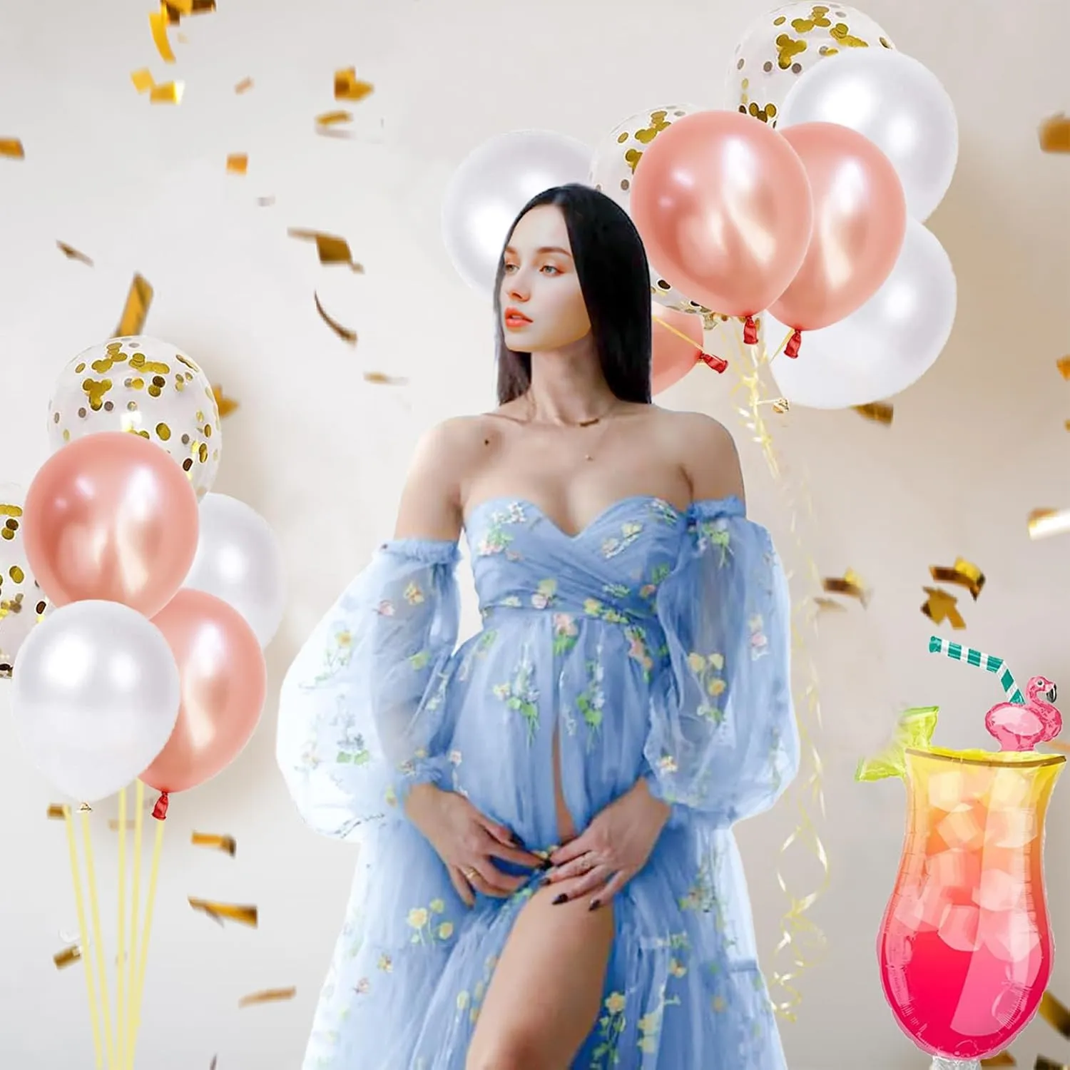 Flower Embroidery Tulle Maternity Dress Wrap Side Slit Skirt Pregnancy Special Occasion Cloth for Women Baby Shower