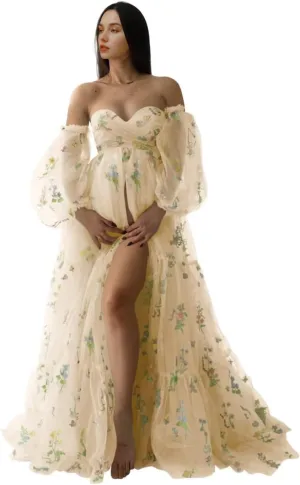 Flower Embroidery Tulle Maternity Dress Wrap Side Slit Skirt Pregnancy Special Occasion Cloth for Women Baby Shower