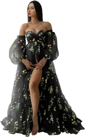 Flower Embroidery Tulle Maternity Dress Wrap Side Slit Skirt Pregnancy Special Occasion Cloth for Women Baby Shower