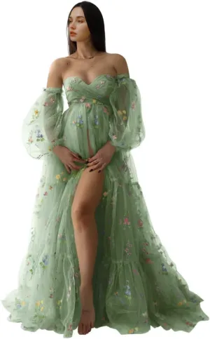 Flower Embroidery Tulle Maternity Dress Wrap Side Slit Skirt Pregnancy Special Occasion Cloth for Women Baby Shower