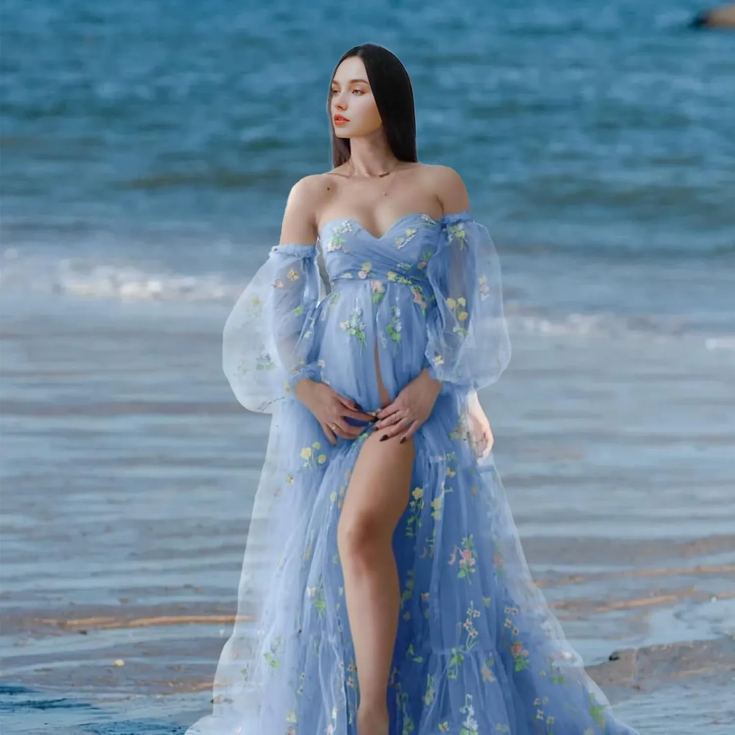 Flower Embroidery Tulle Maternity Dress Wrap Side Slit Skirt Pregnancy Special Occasion Cloth for Women Baby Shower