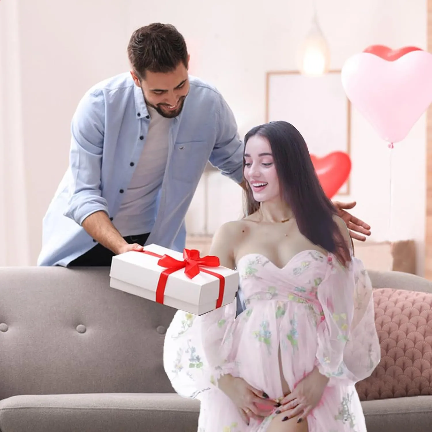 Flower Embroidery Tulle Maternity Dress Wrap Side Slit Skirt Pregnancy Special Occasion Cloth for Women Baby Shower