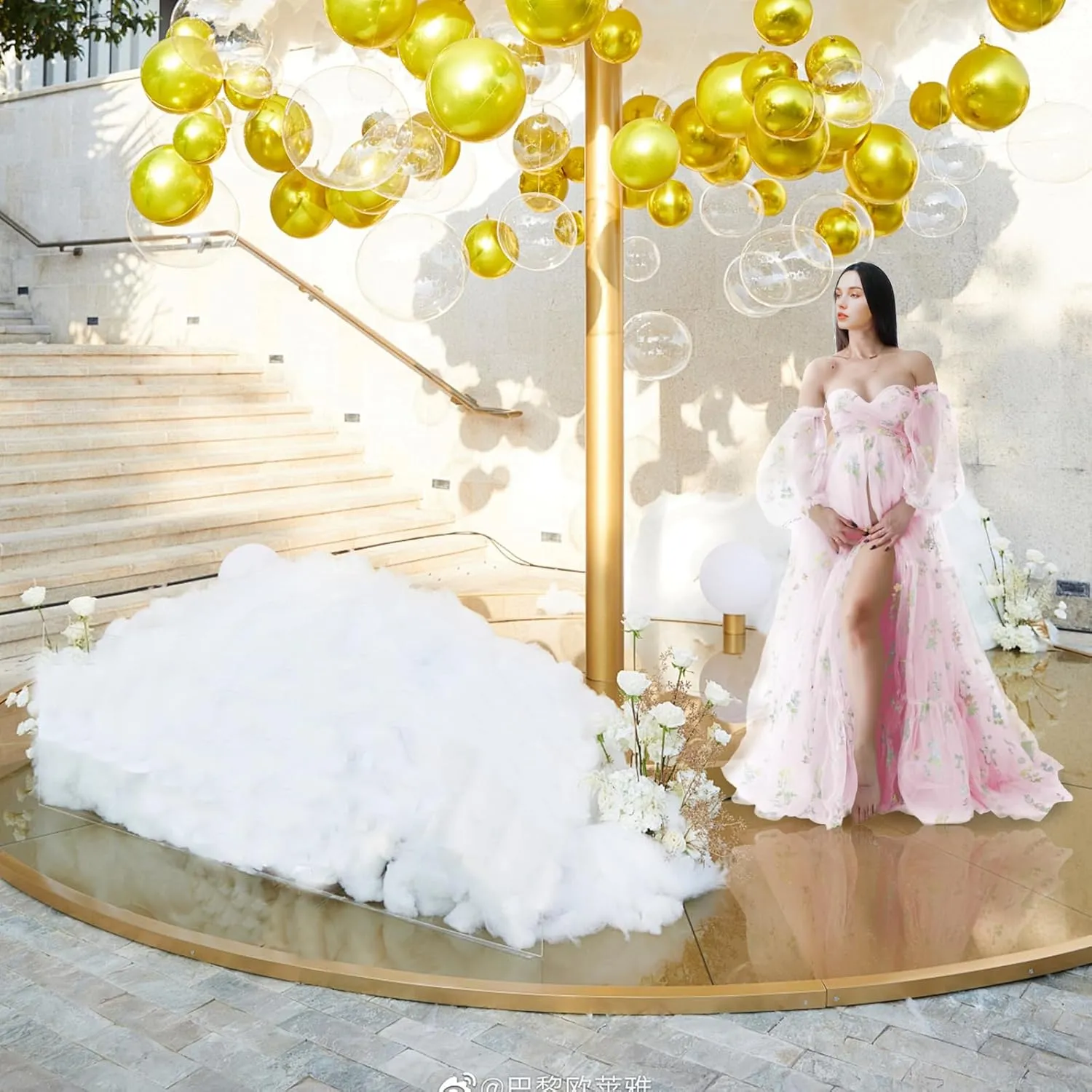 Flower Embroidery Tulle Maternity Dress Wrap Side Slit Skirt Pregnancy Special Occasion Cloth for Women Baby Shower