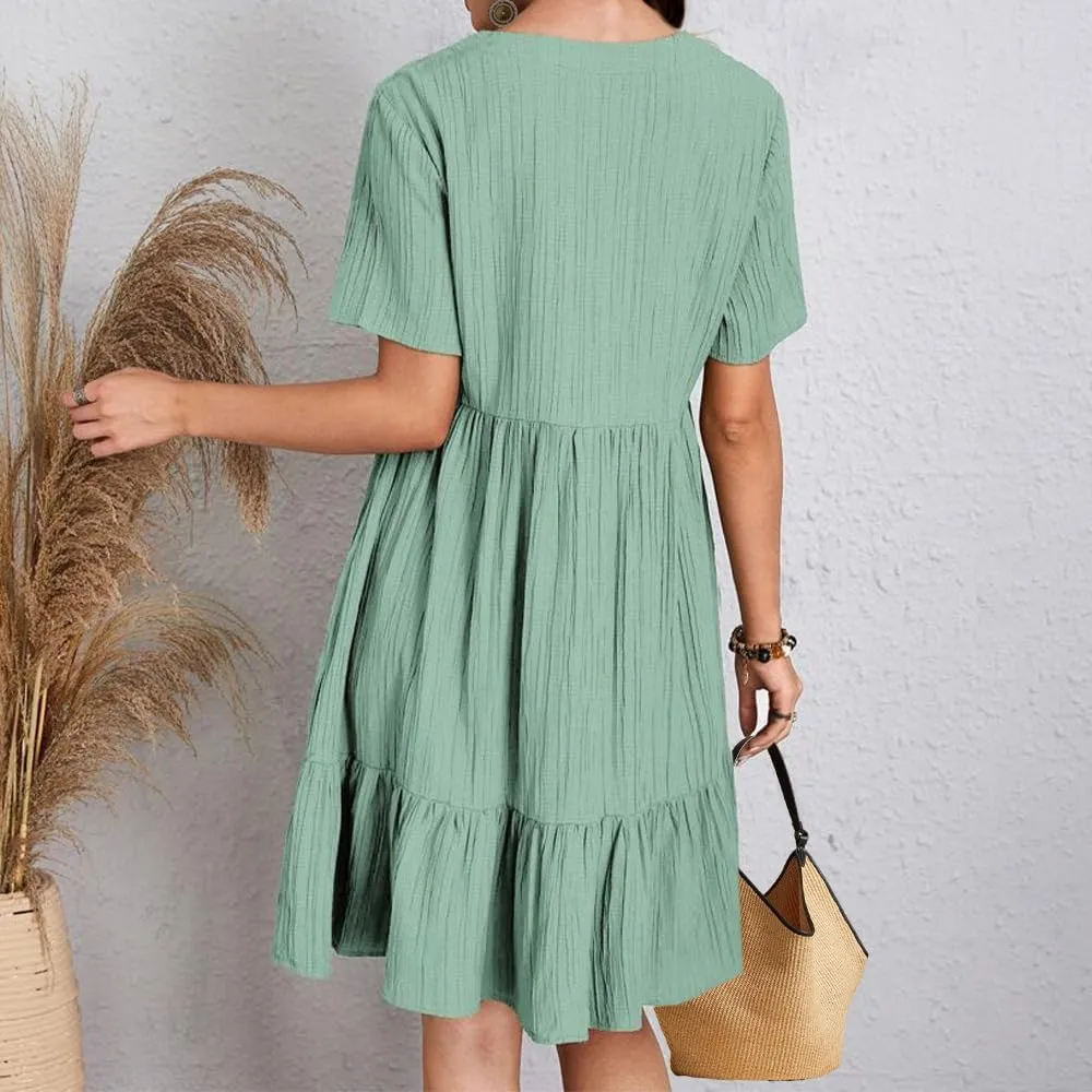 Flowy Dresses for Women Short Sleeve V-Neck Loose Dress Ruffle Pleated Swing A Line Beach Sundress