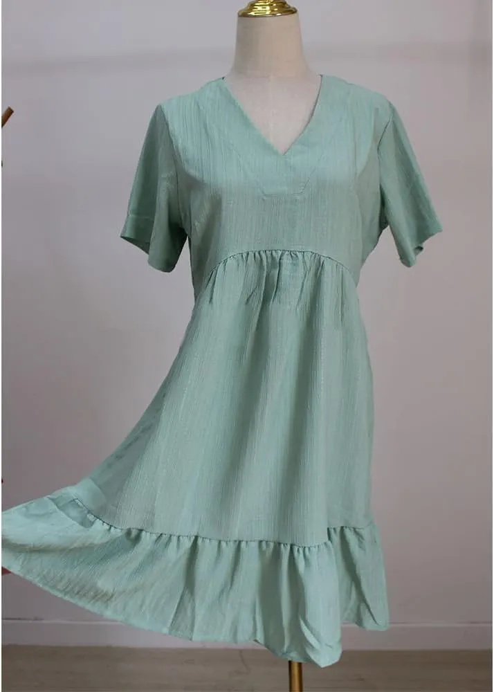 Flowy Dresses for Women Short Sleeve V-Neck Loose Dress Ruffle Pleated Swing A Line Beach Sundress