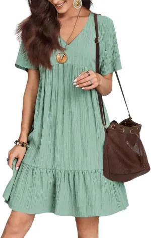 Flowy Dresses for Women Short Sleeve V-Neck Loose Dress Ruffle Pleated Swing A Line Beach Sundress