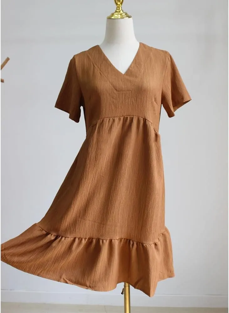 Flowy Dresses for Women Short Sleeve V-Neck Loose Dress Ruffle Pleated Swing A Line Beach Sundress