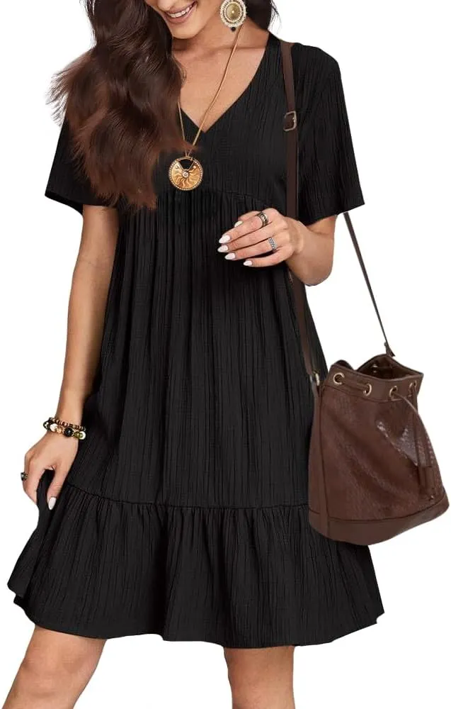Flowy Dresses for Women Short Sleeve V-Neck Loose Dress Ruffle Pleated Swing A Line Beach Sundress